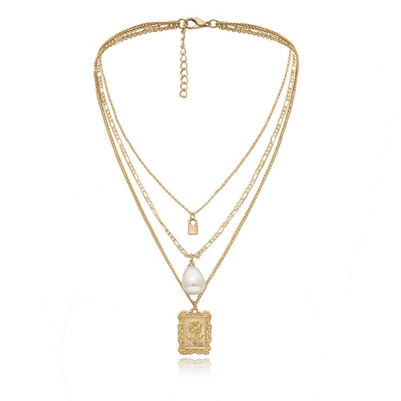 Layered Rose Portrait Pearl Drop Gold Necklace - Picture 8 of 10